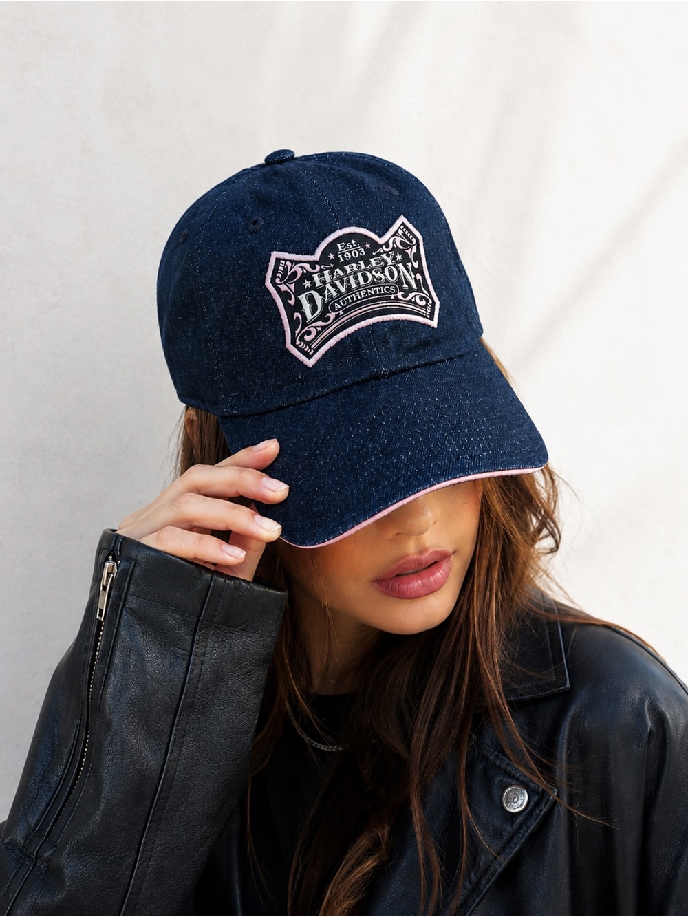 Harley-Davidson Women’s Denim Baseball Cap Navy Blue Pink Embroidered